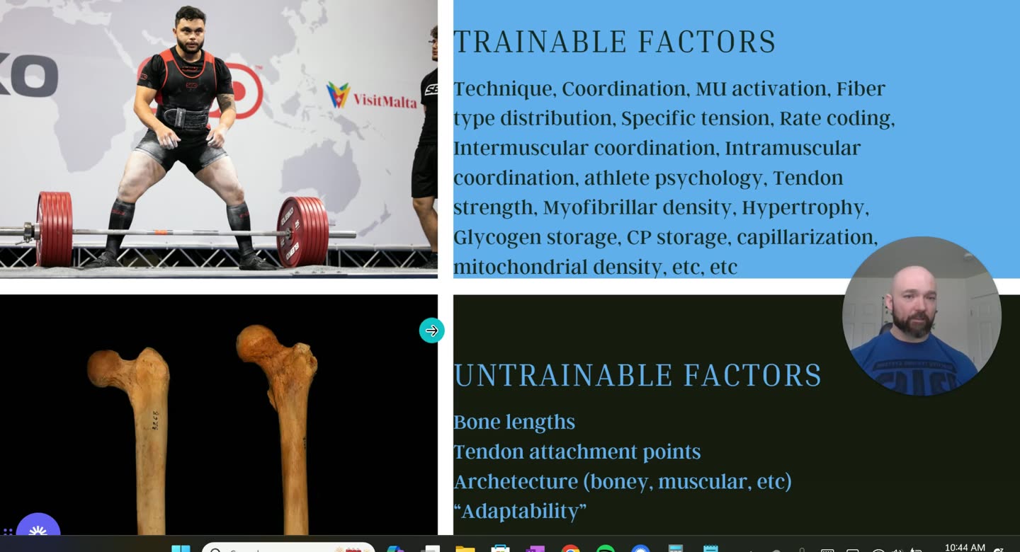 Folie Trainable Factors und Untrainable Factors mit Foto eines Kreuzhebers und zwei Oberschenkelknochen