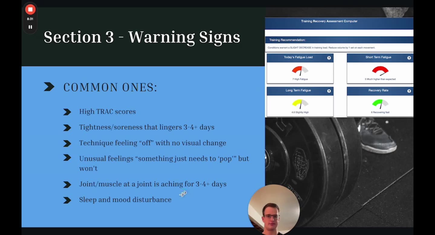 Folie Section 3: Warning Signs mit sechs häufigen Warnsignalen und Screenshot des Training Recovery Assessment Computer
