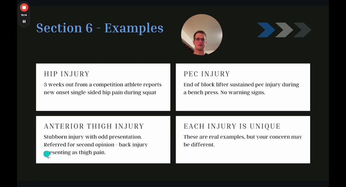 Folie Section 6: Examples mit Hip Injury, Pec Injury, Anterior Thigh Injury und Each Injury is Unique