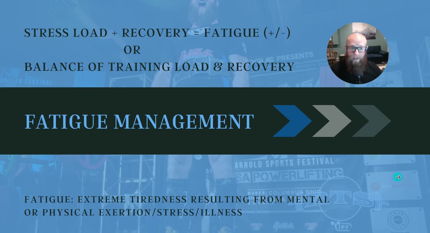 Folie Fatigue Management mit der Formel Stress Load + Recovery = Fatigue (+/-) und einer Definition von Fatigue