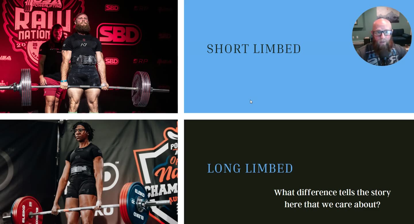 Folie mit zwei Kreuzheber-Fotos im Lockout, beschriftet Short Limbed und Long Limbed, und der Frage What difference tells the story here that we care about?