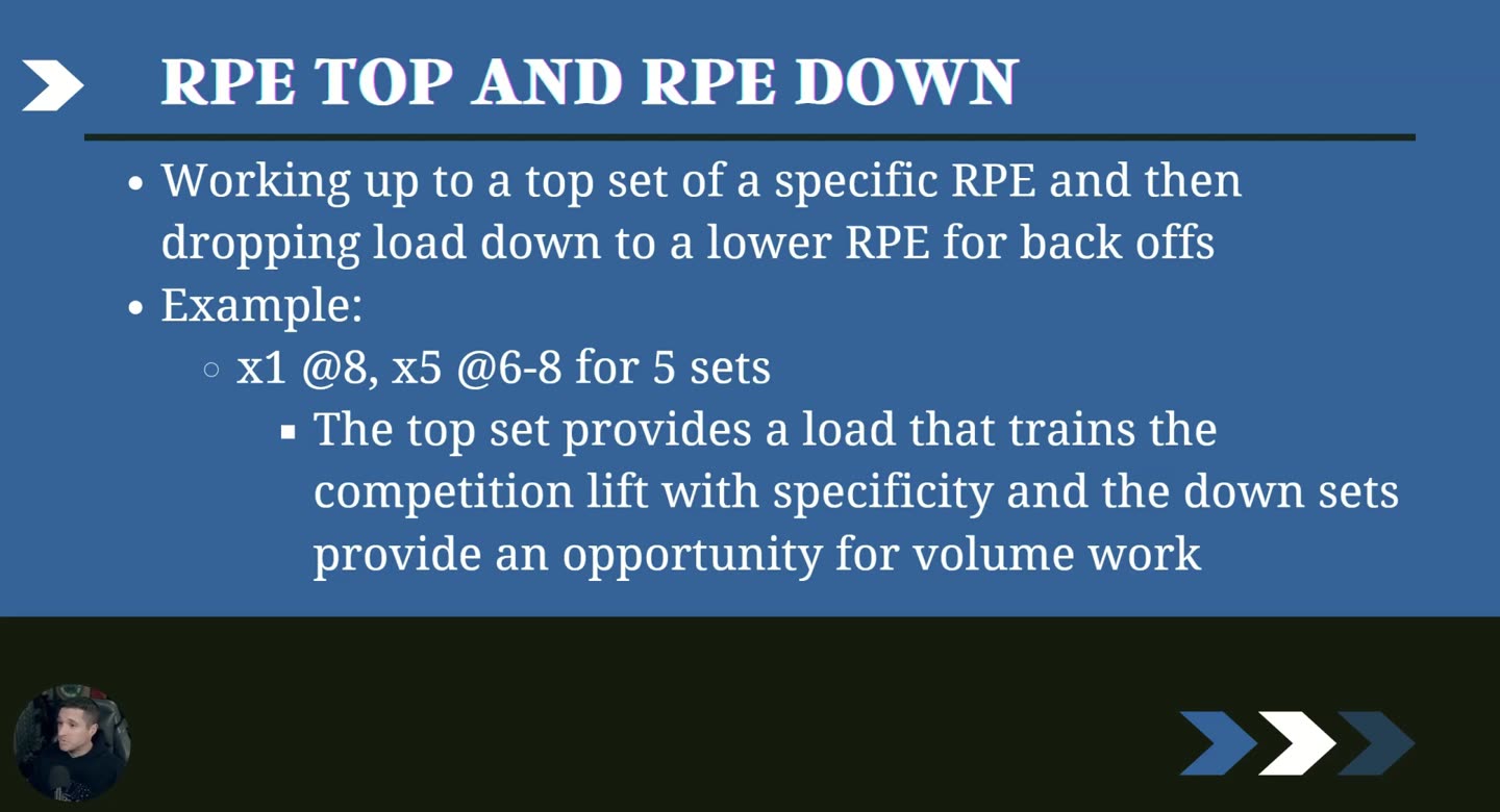 Folie RPE Top and RPE Down mit dem Beispiel x1 @8, x5 @6-8 for 5 sets