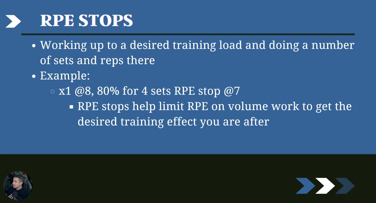 Folie RPE Stops mit dem Beispiel x1 @8, 80% for 4 sets RPE stop @7