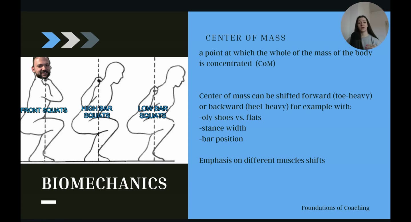 Folie Biomechanics, Center of Mass, mit Skizzen von Front-, High-Bar- und Low-Bar-Kniebeuge