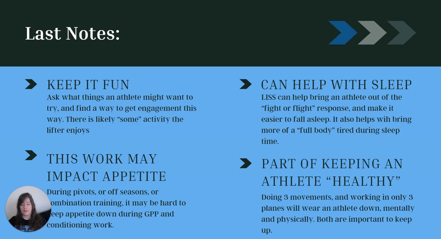 Folie Last Notes mit vier Punkten: Keep it fun, can help with sleep, may impact appetite, keeping an athlete healthy